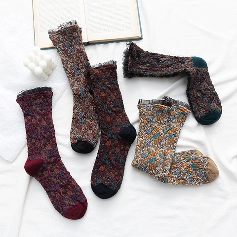 Vintage Crew Socken Für Frauen Baumwolle Blumenmuster Mit Spitzenbesatz Retro Mori Stil Gestrickt Bequem