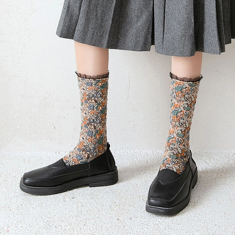 Vintage Crew Socken Für Frauen Baumwolle Blumenmuster Mit Spitzenbesatz Retro Mori Stil Gestrickt Bequem