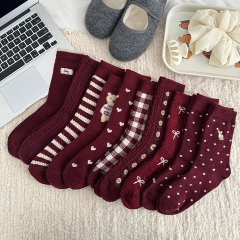Calze Al Polpaccio Da Donna In Misto Lana Maglia Spessa Calda Rosso Vino Stile Coreano Ricamo Cuore Orso Inverno