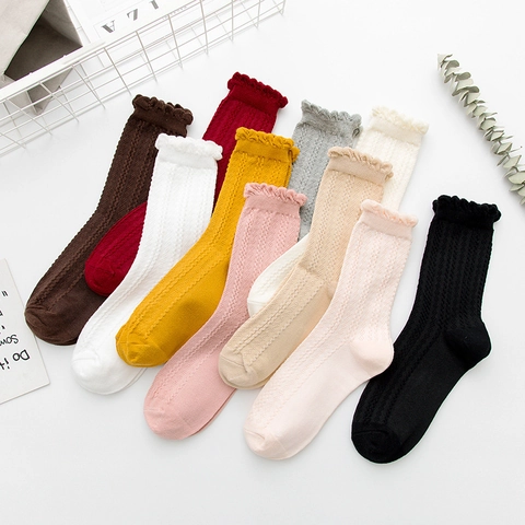 Calcetines Media Pantorrilla Para Mujer Mezcla De Algodón Borde Con Volantes Encaje Punto Canalé Estilo JK Japonés Color Sólido
