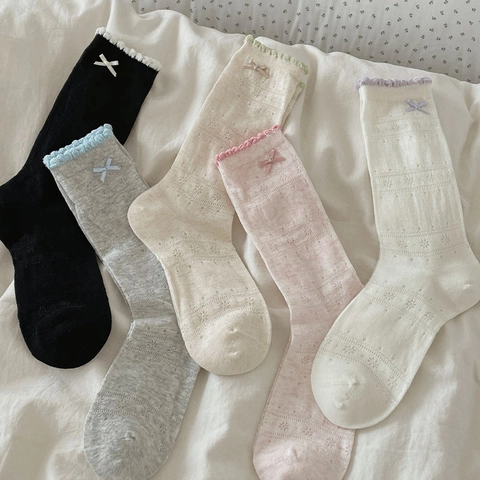 Sweet Japanese Style Women Mid-Calf Socks Cotton Blend Hollow Out Breathable Mesh Ruffle Edge With Bowknot