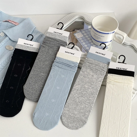 Calze Morbide Donna Misto Cotone Traspirante Motivo Cuore Trama Costine Ondulate Metà Polpaccio Stile Giapponese Casual