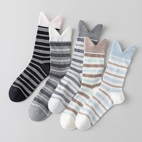 Striped Mid Tube Socks Cotton Breathable Japanese Style Cat Ear Cuff Preppy College Casual Hosiery For Women