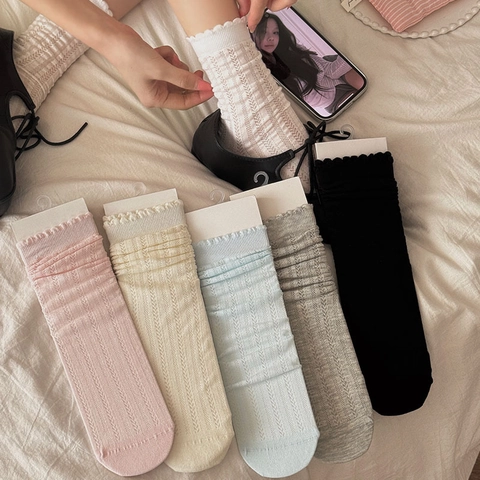 Calcetines Media Pantorrilla Mujer Mezcla Algodón Transpirable Punto Calado Borde Volantes Estilo Japonés Color Sólido Suave