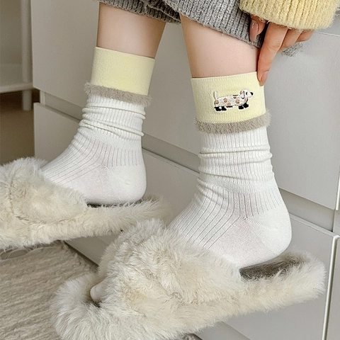 Women Mid-Calf Socks Cotton Breathable Japanese Sweet Style Plush Trim Cartoon Animal Embroidery Ribbed Hosiery
