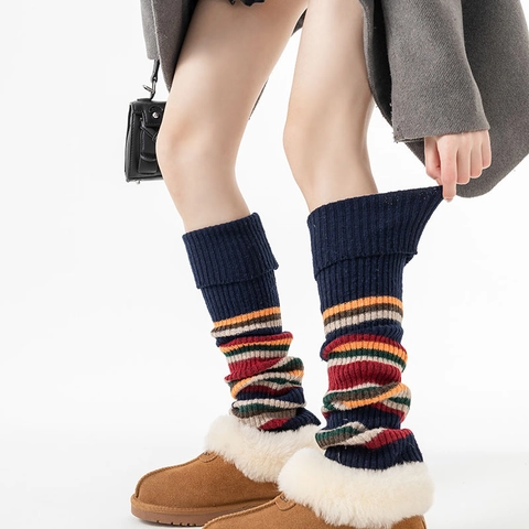 Colorful Striped Knit Leg Warmers Women Autumn Winter Thick Warm Slouch Socks Vintage Academia Style Ribbed Knit Cuff