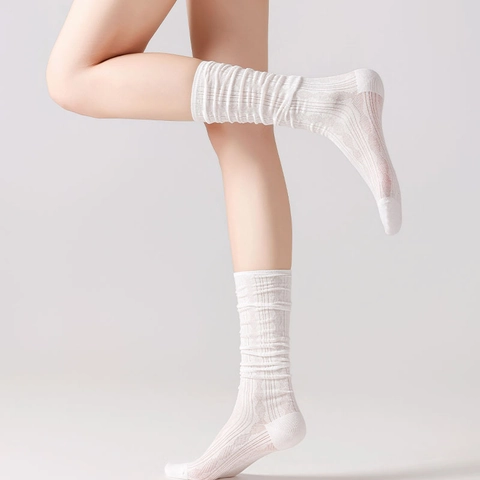 Women Vintage Ribbed Calf Socks Cotton Blend Breathable Hollow Out Pointelle Japanese JK Style Knee High Socks