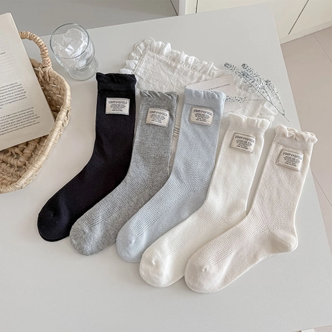 Mid Calf Socks Women Cotton Ribbed Lettuce Trim Breathable Mesh Korean Style Cloth Label Decorative Solid Color