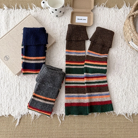 Colorful Striped Knit Leg Warmers Women Autumn Winter Thick Warm Slouch Socks Vintage Academia Style Ribbed Knit Cuff