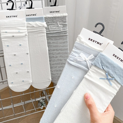 Zoete Halverwege De Kuit Sokken Voor Dames Katoenmix Koreaanse INS Stijl Strik Kant Pointelle Gebreid Patroon