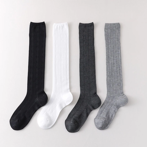 Women Vintage Ribbed Calf Socks Cotton Blend Breathable Hollow Out Pointelle Japanese JK Style Knee High Socks