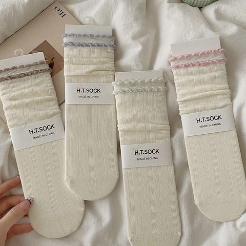 Dames Katoenen Socken Zoete Ruches Rand Geribbelde Kuitlengte Ademende Sokken Voor Mary Jane Schoenen