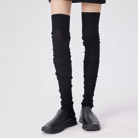 Over The Knee Socks Cotton Knitted Vertical Ribbed Thigh High Stockings Breathable Academic Style Solid Color For Women