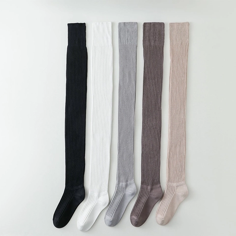 Calcetines Altos Mujer Sobre La Rodilla Algodón Acanalado Transpirable Color Liso Estilo JK Medias