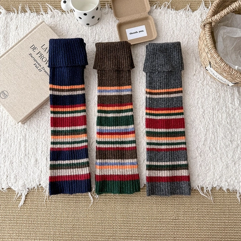 Retro Striped Polyester Knit Leg Warmers Ribbed Cuffed Slouch Socks Warm Winter Long Stockings Vintage Japanese Style Women