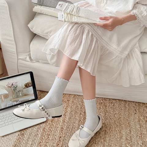Women Cotton Blend Crew Socks With Scalloped Ruffle Trim Sweet Floral Jacquard Pattern Hollow Knit Japanese Style