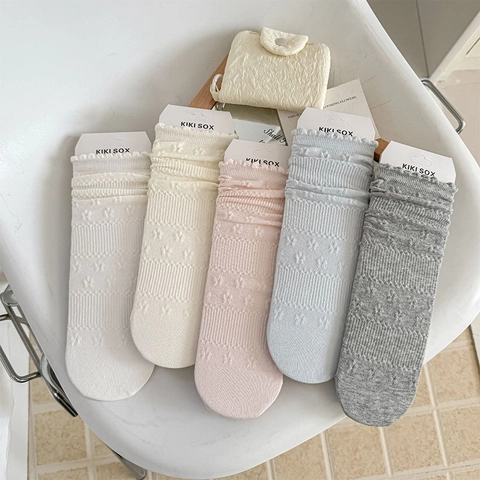 Women Cotton Blend Crew Socks With Scalloped Ruffle Trim Sweet Floral Jacquard Pattern Hollow Knit Japanese Style