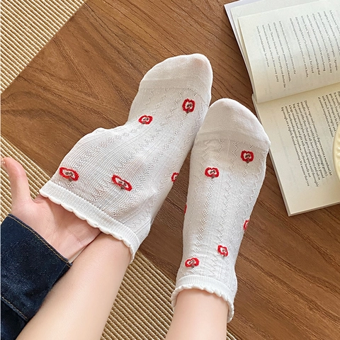 Damen Baumwoll Mesh Enkelsocken Rüschen Atmungsaktiv Stickerei Herz Apfel Schleife Muster Japanischen Süßen Preppy Stil