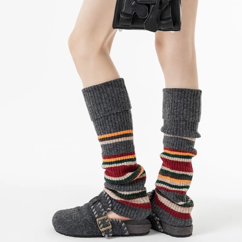 Retro Striped Polyester Knit Leg Warmers Ribbed Cuffed Slouch Socks Warm Winter Long Stockings Vintage Japanese Style Women