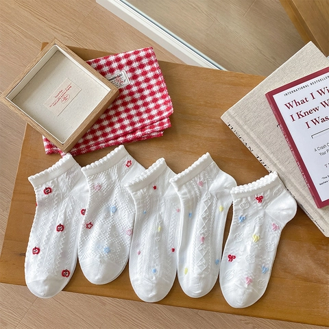 Damen Baumwoll Mesh Enkelsocken Rüschen Atmungsaktiv Stickerei Herz Apfel Schleife Muster Japanischen Süßen Preppy Stil