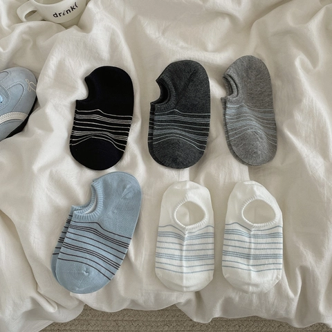 Striped Invisible Boat Socks Cotton Blend Breathable Low Cut Non-Slip Casual Simple For Women