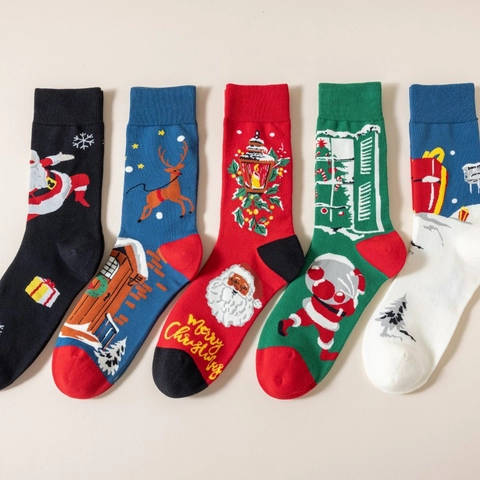 Weihnachts Crew Socken Baumwollmischung Jacquard Muster Feiertag Festlich Atmungsaktiv Rippbündchen Unisex Winter Zubehör