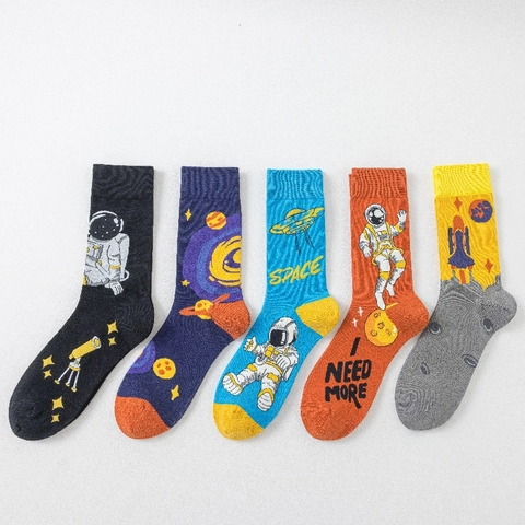 Cotton Crew Socks Space Astronaut Universe Pattern Breathable Soft Casual For Men And Women