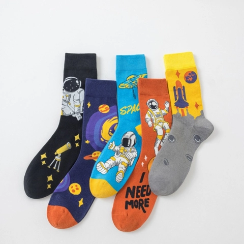 Cotton Crew Socks Space Astronaut Universe Pattern Breathable Soft Casual For Men And Women
