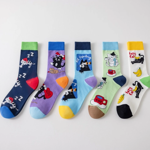 Calzini Crew Con Gatto Cartone Animato Misto Cotone Motivo Jacquard Colore A Contrasto Casual Per Uomo E Donna Morbidi