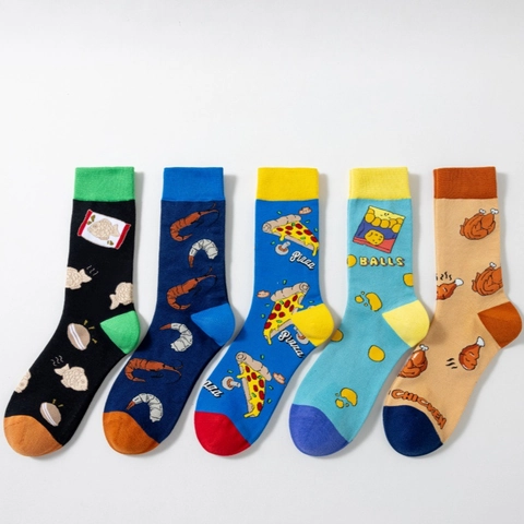 Neuheit Essen Muster Crew Socken Baumwollmischung Lustige Pizza Hähnchen Atmungsaktiv Lässige Mittelhohe Socken