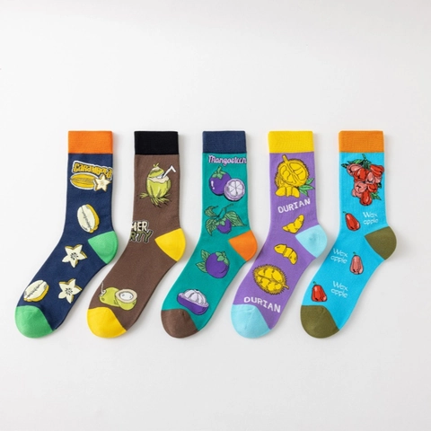 Fashion Cotton Crew Socks Tropical Fruit Patterns Colorful Color Block Casual Novelty Mid Calf For Men Unisex