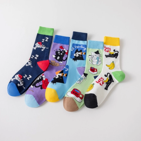 Calzini Crew Con Gatto Cartone Animato Misto Cotone Motivo Jacquard Colore A Contrasto Casual Per Uomo E Donna Morbidi