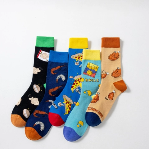 Neuheit Essen Muster Crew Socken Baumwollmischung Lustige Pizza Hähnchen Atmungsaktiv Lässige Mittelhohe Socken