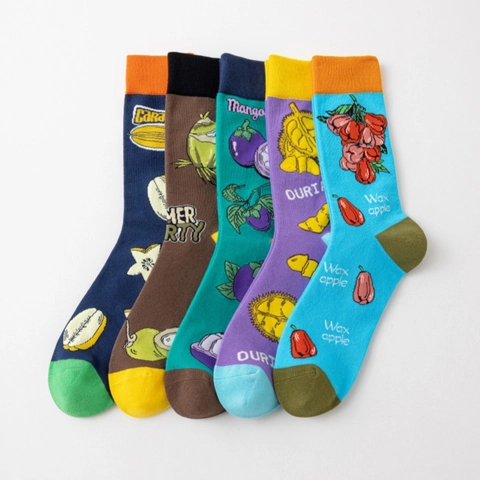 Fashion Cotton Crew Socks Tropical Fruit Patterns Colorful Color Block Casual Novelty Mid Calf For Men Unisex