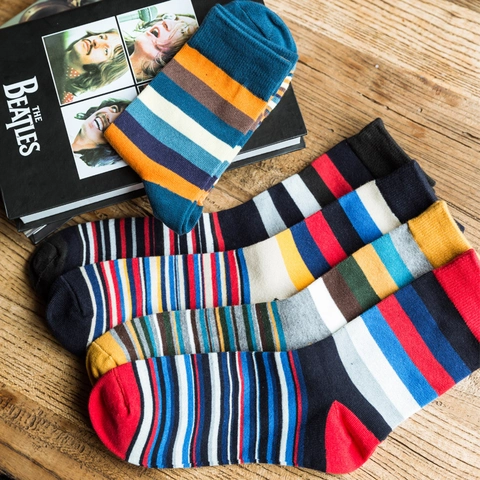 Calze Uomo Misto Cotone Righe Colorate Traspiranti Assorbenti Sudore Casual Retro Maglia Metà Polpaccio