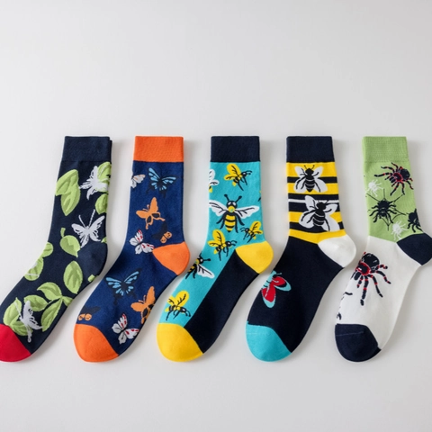 Calze Crew Uomo Cotone Traspirante Motivo Insetti Farfalla Ape Ragno Jacquard Casual Novità Senza Cuciture Colorato