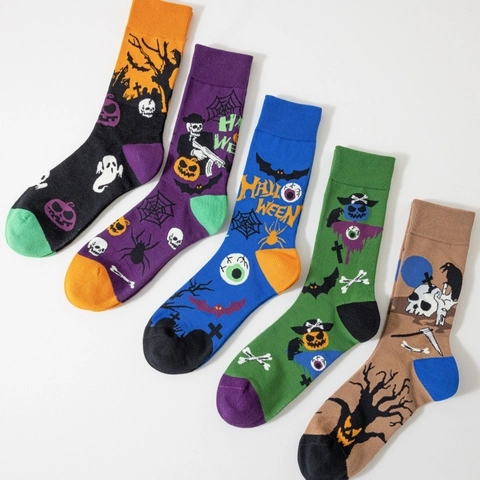 Calze Halloween Misto Cotone Motivo Novità Zucca Scheletro Pipistrello Fantasma Festa Unisex Senza Cuciture