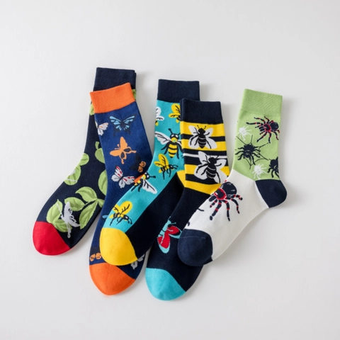 Calze Crew Uomo Cotone Traspirante Motivo Insetti Farfalla Ape Ragno Jacquard Casual Novità Senza Cuciture Colorato