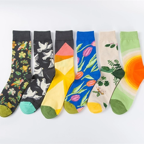 Calze Crew Misto Cotone Stampa Artistica Motivo Fiori Uccelli Paesaggio Casual Comodo Per Uomo Donna