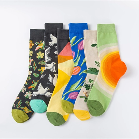 Calze Crew Misto Cotone Stampa Artistica Motivo Fiori Uccelli Paesaggio Casual Comodo Per Uomo Donna