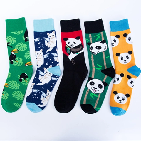 Calze Crew In Misto Cotone Motivo Panda Uccello Gatto Cartone Animato Trendy Casual Traspirante