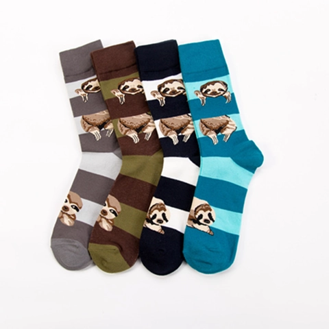Crew Socken Aus Baumwollmischung Süßes Faultier Muster Gestreiftes Design Lässige Mode Mittelhoch Für Herren Damen