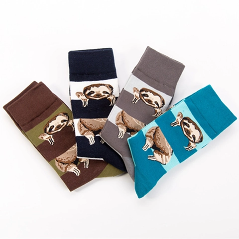 Crew Socken Aus Baumwollmischung Süßes Faultier Muster Gestreiftes Design Lässige Mode Mittelhoch Für Herren Damen