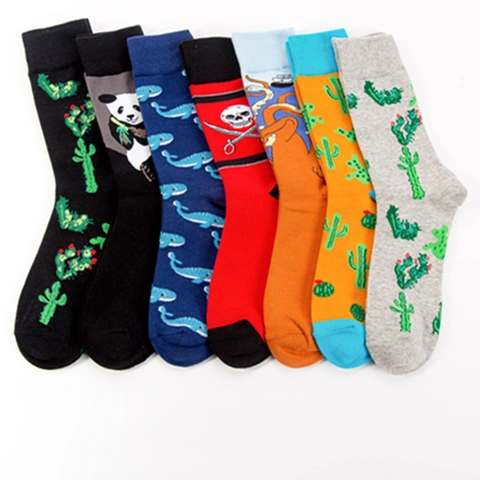 Novelty Mid Tube Crew Socks Soft Cotton Blend Knitted Cartoon Cactus Panda Octopus Pattern Casual Breathable