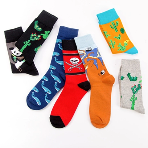 Novelty Mid Tube Crew Socks Soft Cotton Blend Knitted Cartoon Cactus Panda Octopus Pattern Casual Breathable