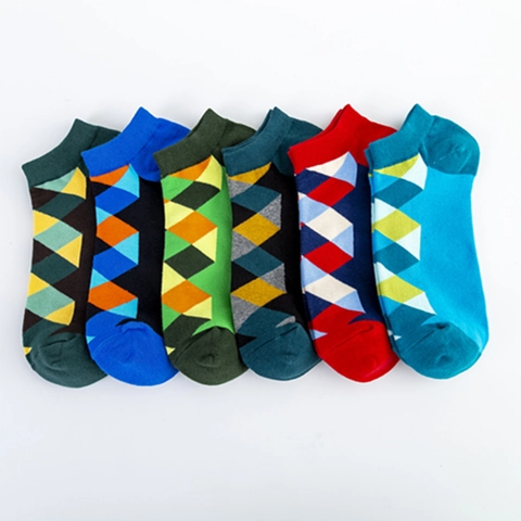 Calze Al Caviglia Argyle Misto Cotone Traspiranti Fantasia Geometrica Diamante Taglio Basso Casual Per Uomo E Donna