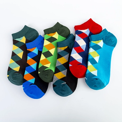 Calze Al Caviglia Argyle Misto Cotone Traspiranti Fantasia Geometrica Diamante Taglio Basso Casual Per Uomo E Donna