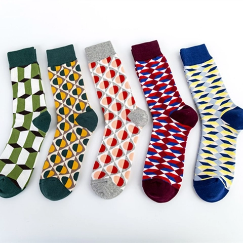 Chaussettes Homme Coton Mélangé Motif Géométrique Argyle Pois Cube 3D Style Britannique Mode Décontractée Mi-Mollet