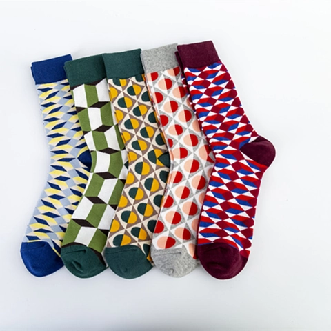 Chaussettes Homme Coton Mélangé Motif Géométrique Argyle Pois Cube 3D Style Britannique Mode Décontractée Mi-Mollet