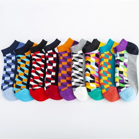 Chaussettes Courtes Homme Mélange Coton Motif Cube Géométrique Coupe Basse Décontracté Mode Respirant
